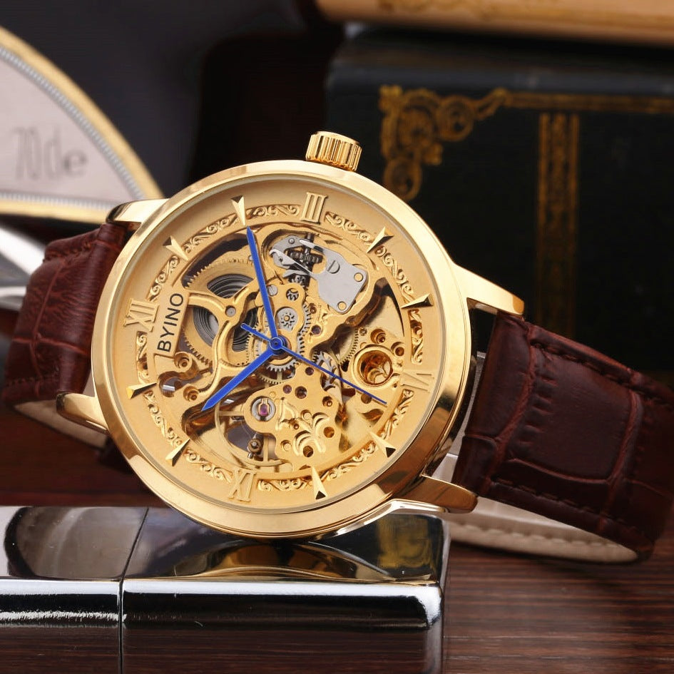 Golden Youth Men's Casual Leather Automatic Mechanical Watch