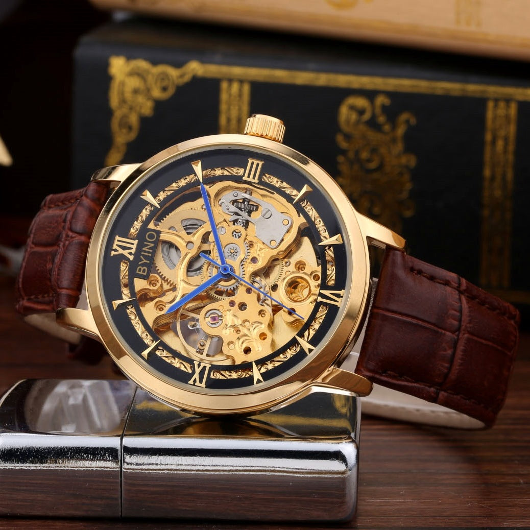Golden Youth Men's Casual Leather Automatic Mechanical Watch