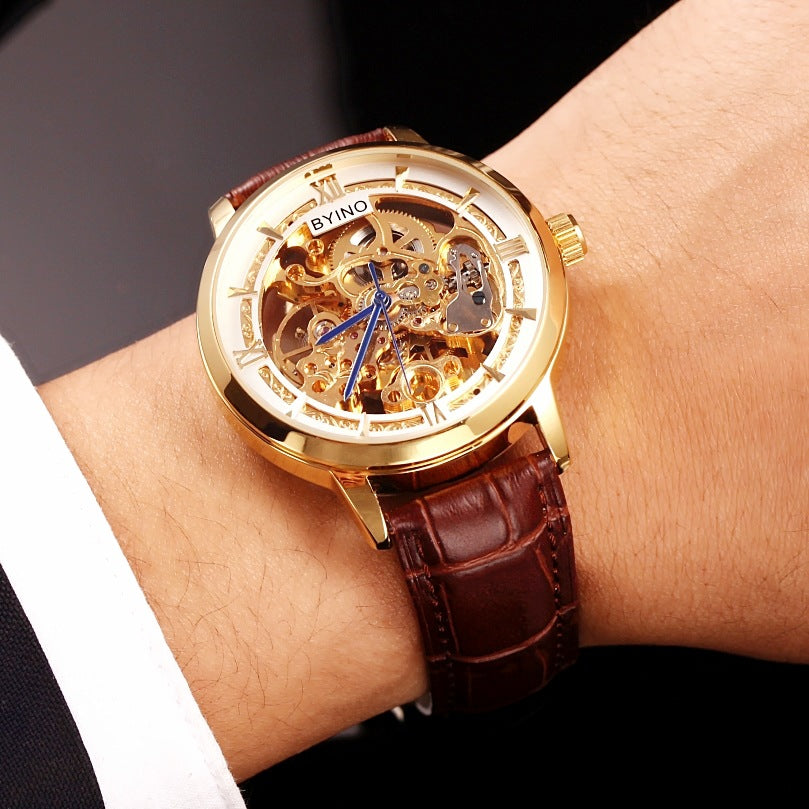 Golden Youth Men's Casual Leather Automatic Mechanical Watch