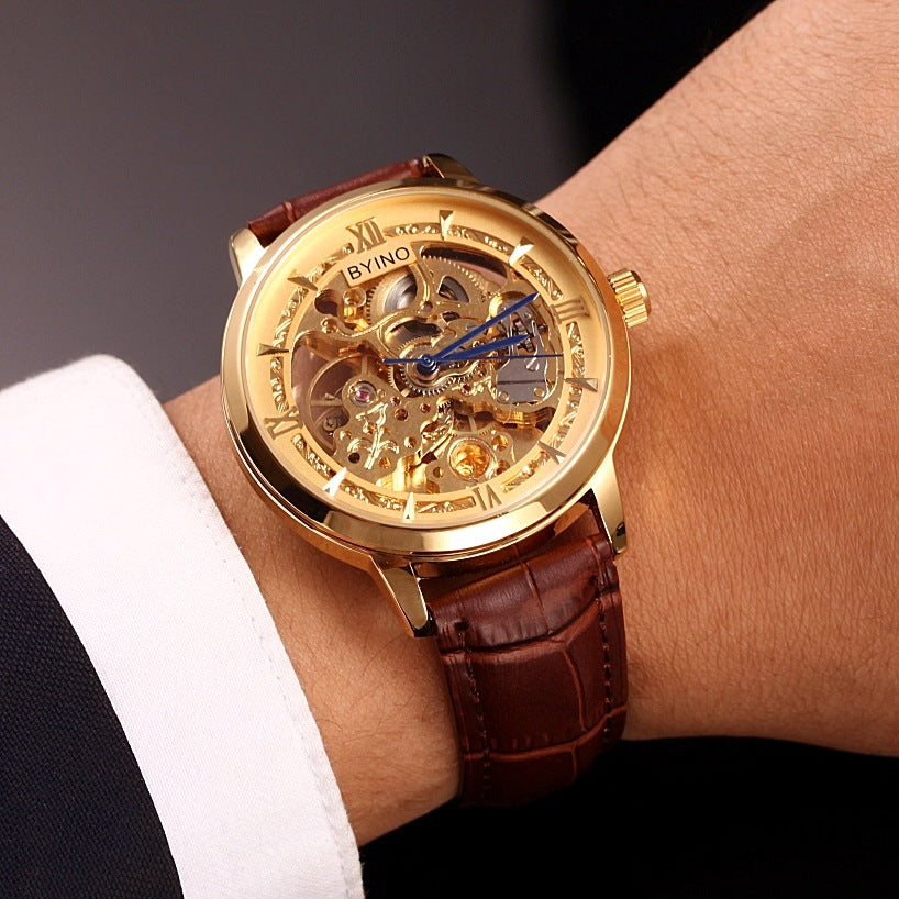Golden Youth Men's Casual Leather Automatic Mechanical Watch