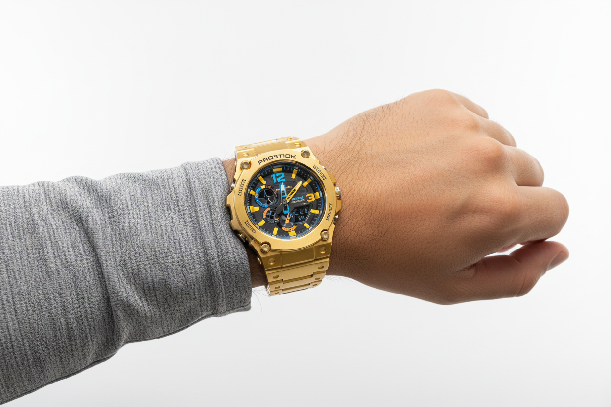 Gold G-Shock style watch on wrist