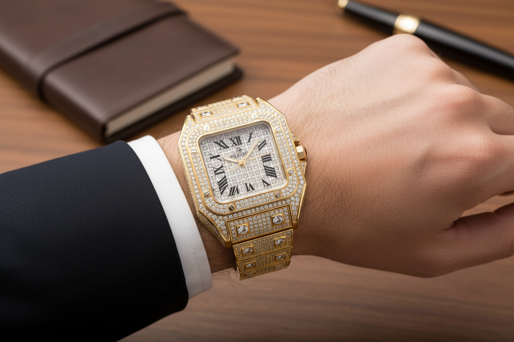 VVS Diamond Iced Watch | Gold Plated Square Face Timepiece Luxury Watch