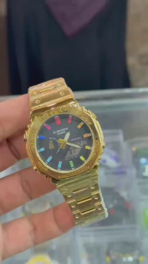 G-Shock Style Gold Plated Sports Watch - Colorful Dial Men's Watch