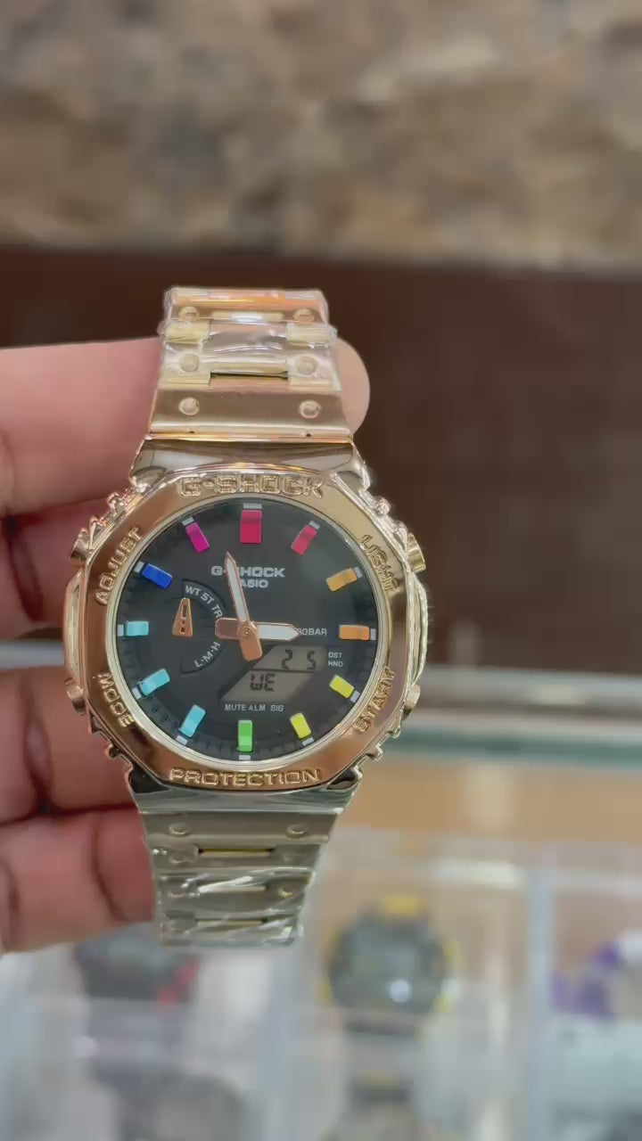 G-Shock Style Gold Plated Sports Watch - Colorful Dial Men's Watch